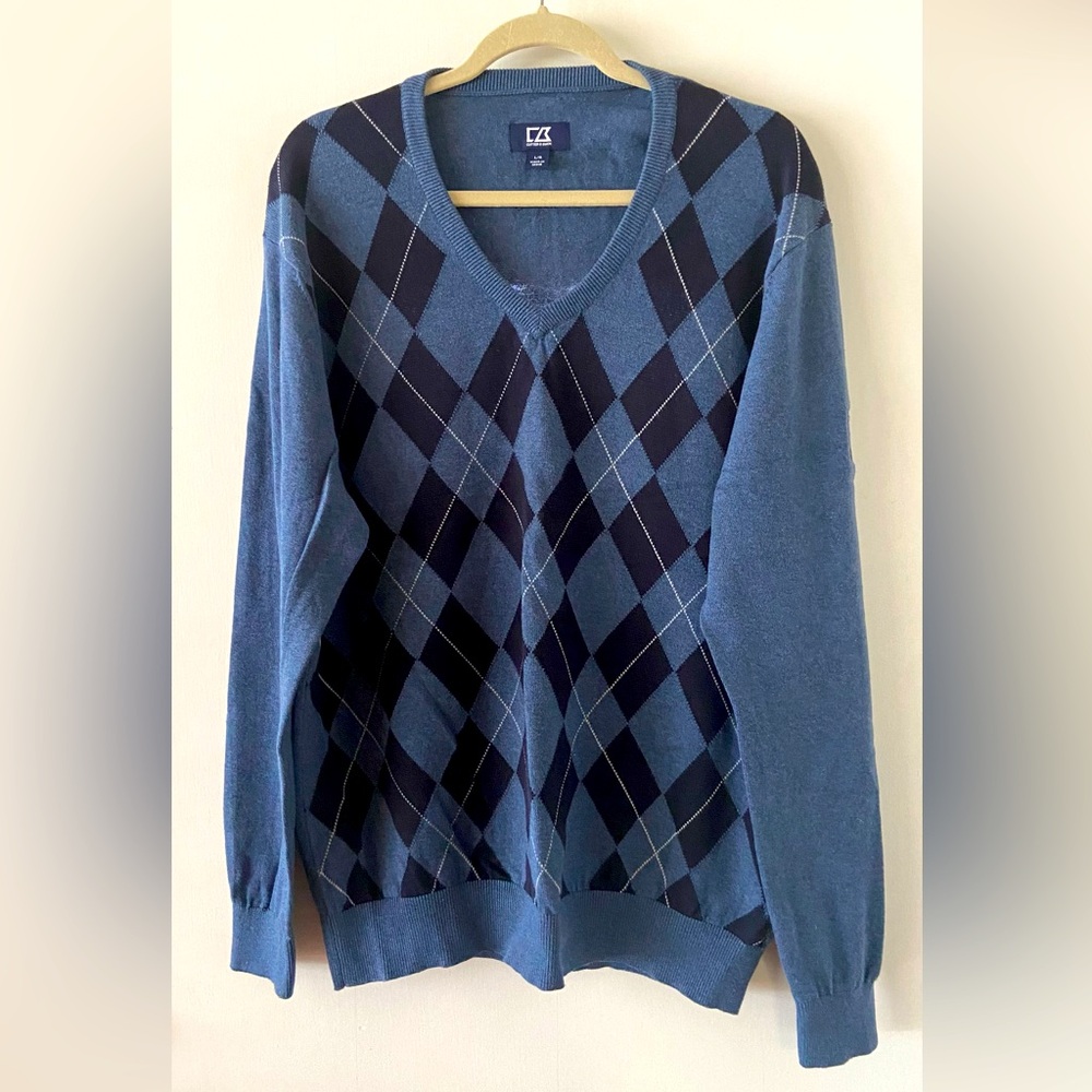 ⭐️ Cutter & Buck ⭐️ Like new! Mens Navy Blue Argyle V-Neck Sweater- size large